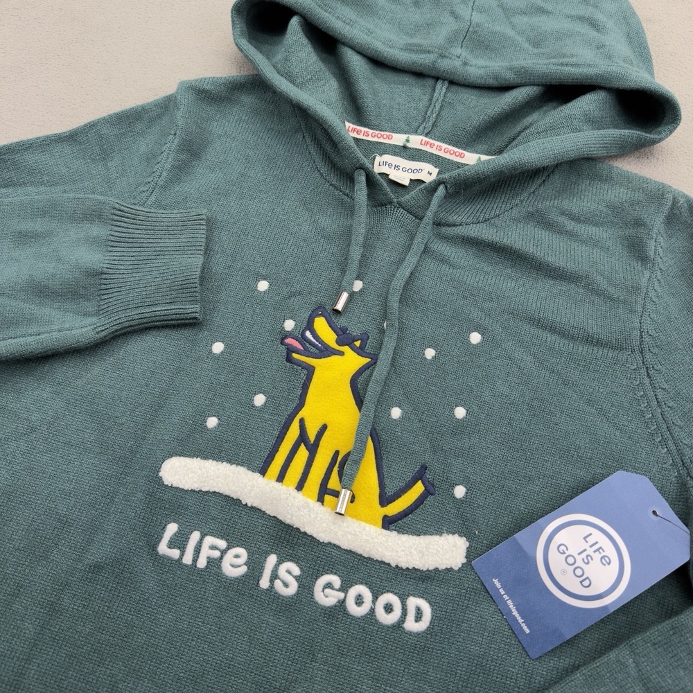 Life Is Good Women's Small Winter Hoodie Embroidered Snow Dog Sweater Soft Rare